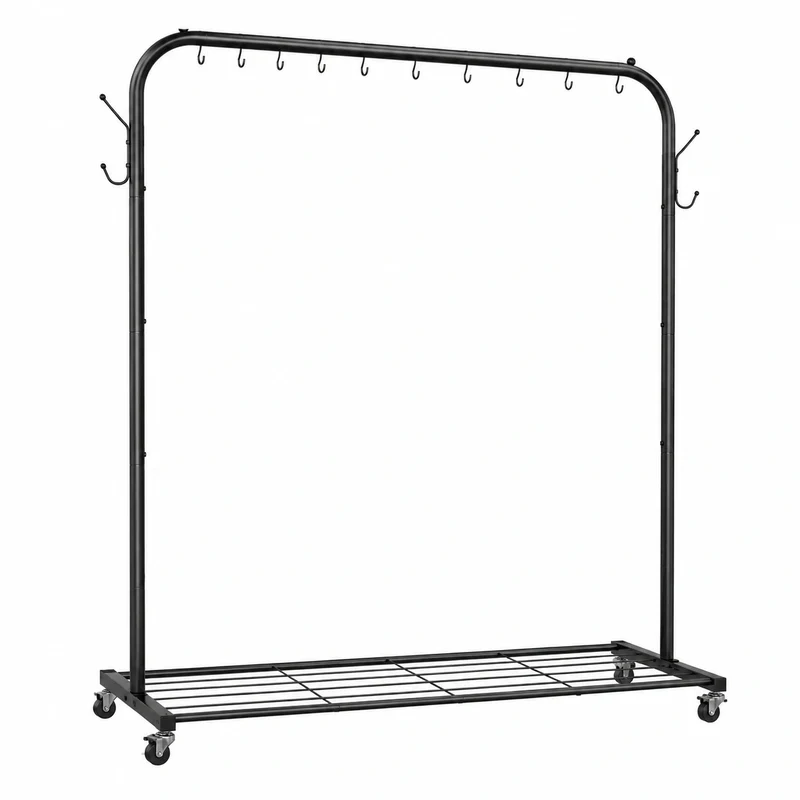 Robuster rollbarer Kleiderständer mit Haken und Metallregal, 100x41x160 cm, bis 40 kg Tragkraft, Schwarz
