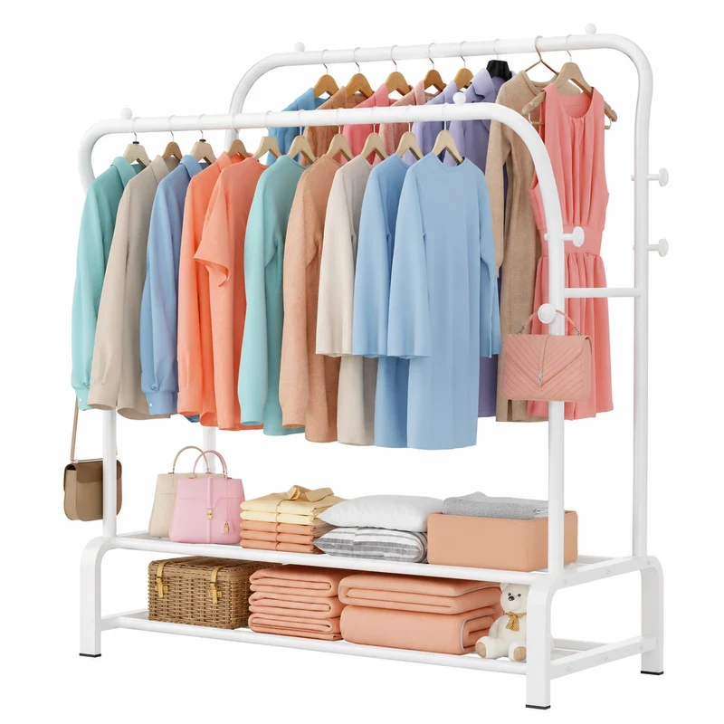 OPPAIYA Robuster Kleiderständer mit Doppelstange und 8 Haken, Metall-Garderobenwagen mit großer Ablagefläche, Ideal für Schlafzimmer oder Flur, 110x51x145 cm, Weiß