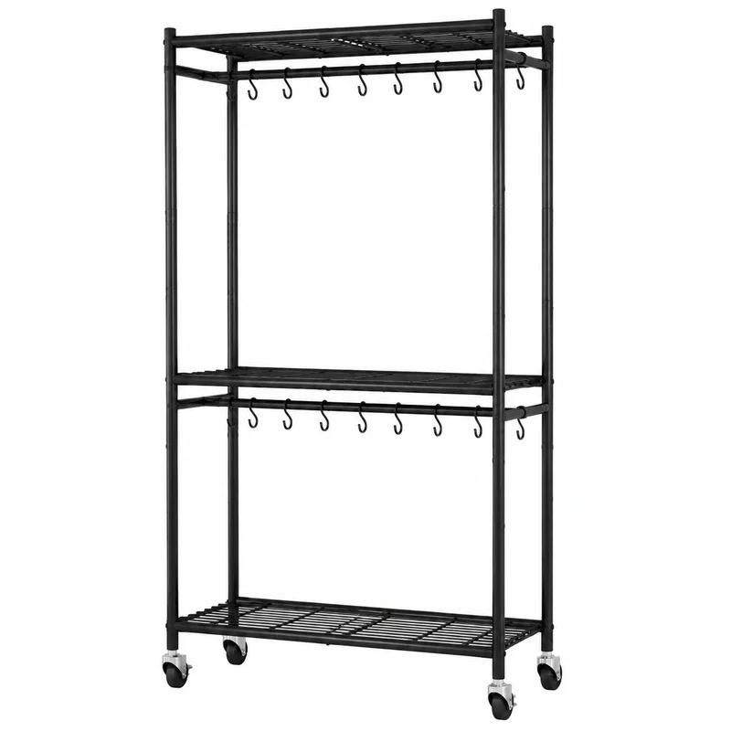 Sakugi Rollgarderobe mit Ablagen und Haken, Metall-Kleiderstange für Schlafzimmer, Waschküche, Balkon, Schwarz, 84 x 31 x 202 cm
