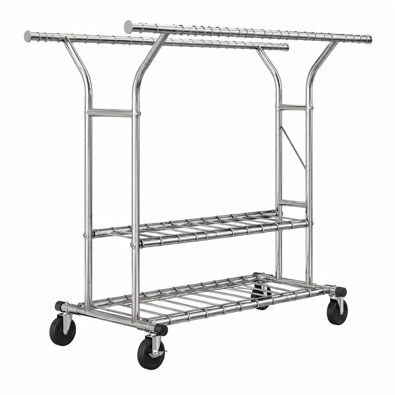 Robuster Kleiderständer auf Rollen, verstellbar 128-189cm, 200KG Kapazität, mit Doppellagernetzen, Metallstange für Kleidung und Accessoires