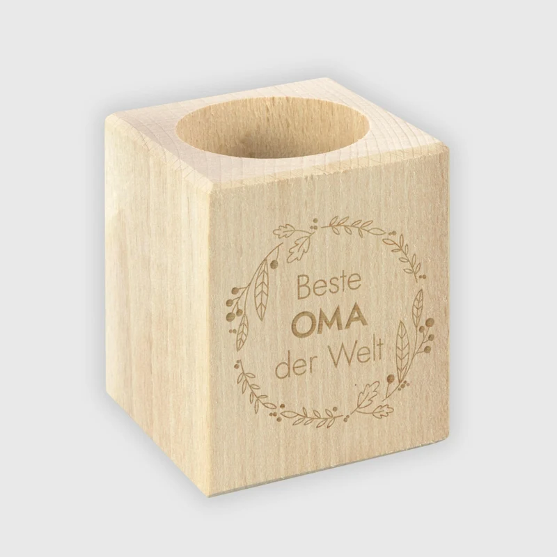 Teelichthalter Personalisiert mit Wunsch-Gravur - Beste Oma der Welt, Natur - ca. 6 x 6 x 7 cm | Geschenk für Großmutter