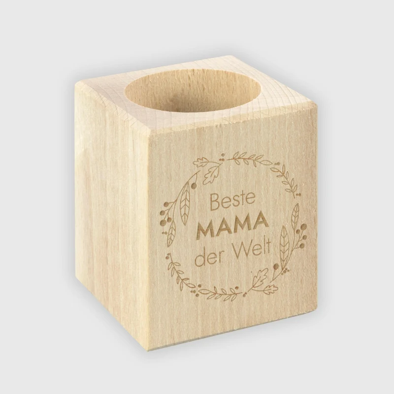 Teelichthalter Personalisiert mit Wunsch-Gravur - Beste Mama der Welt, Natur - ca. 6 x 6 x 7 cm | Geschenk für Mutter