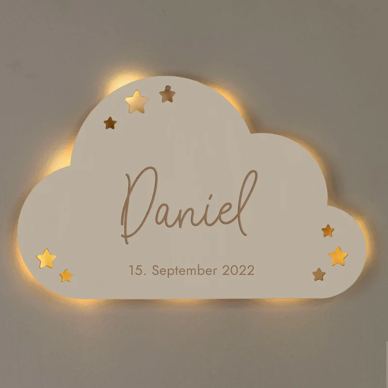 Schlummerlicht Baby mit Namen - Kinder Nachtlicht Personalisiert - Niers Wolke | LED Holz Lampe weiß