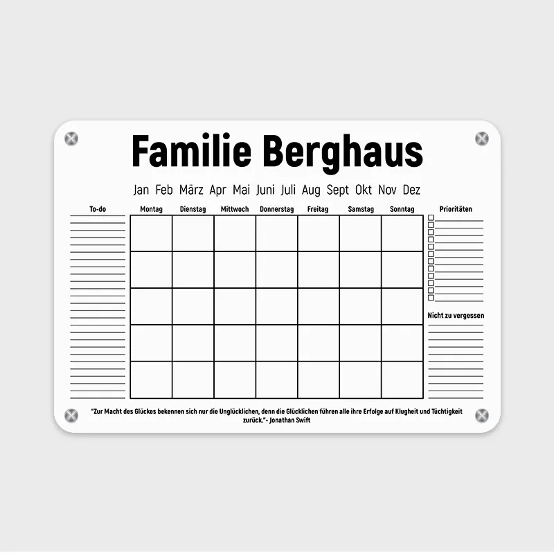 Personalisierter Acrylglas Wandkalender abwischbar | Familienplaner mit Name - A4, A3, A2 - Weiß - Wochenplaner & Monatsplaner als Familienkalender