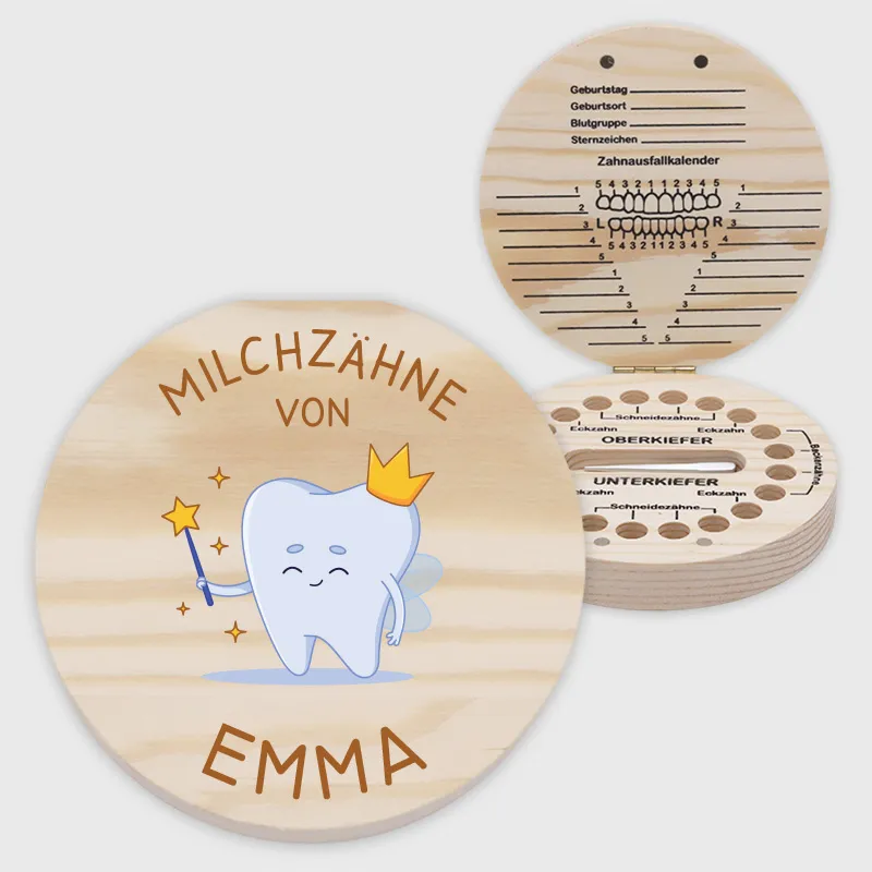 Personalisierte Milchzahndose aus Holz mit Namen - Zahnbox mit Zahnfee für Kinder | Zahndose für Milchzähne - Baby Geschenk & Andenken zur Taufe