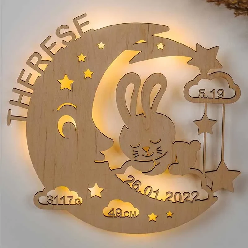 Schlummerlicht Baby mit Namen - Kinder Nachtlicht Personalisiert - Mondhase | LED Holz Lampe