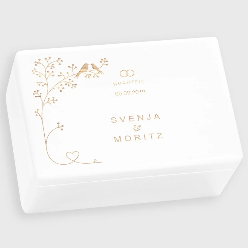Erinnerungsbox zur Hochzeit - Vogelpärchen - Hochzeitskiste personalisiert mit Gravur - Holzkiste Weiß, FSC®️ | Erinnerungskiste Holzbox Erinnerung