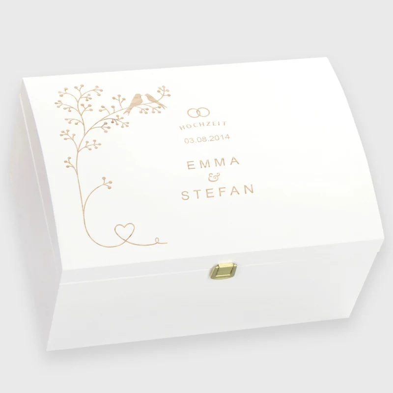Holztruhe zur Hochzeit mit Verschluss - Personalisiert - Schnäbelnde Vögel Motiv - Weiß - FSC®