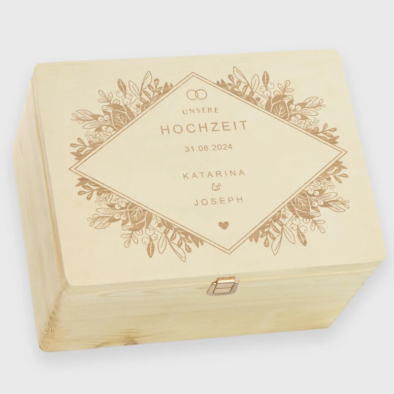 Erinnerungsbox zur Hochzeit - Florale Raute - Hochzeitskiste personalisiert mit Gravur - Natur, FSC® | Erinnerungskiste mit Deckel & Verschluss