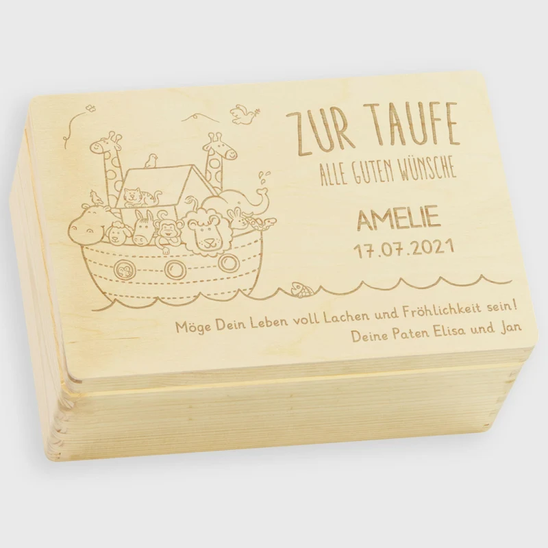 Personalisierte Erinnerungsbox als Taufgeschenk - Arche Noah Gravur - Natur, FSC® | Erinnerungskiste als Geschenk zur Taufe für Junge & Mädchen