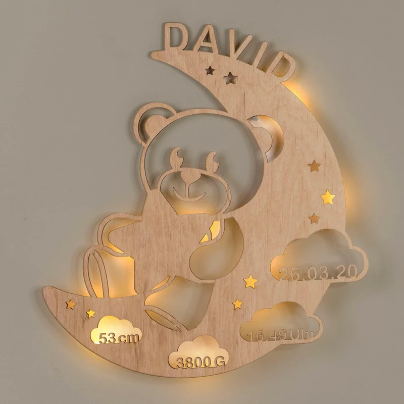 Schlummerlicht Baby mit Namen - Kinder Nachtlicht Personalisiert - Bär & Mond | LED Holz Lampe