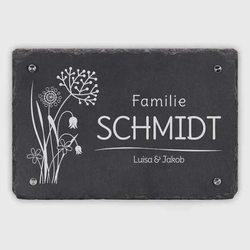 Türschild Personalisiert - Druck mit Name & Familie - 3 Größen | Hausschild Blumen | Namensschild Schiefer zur Wandmontage