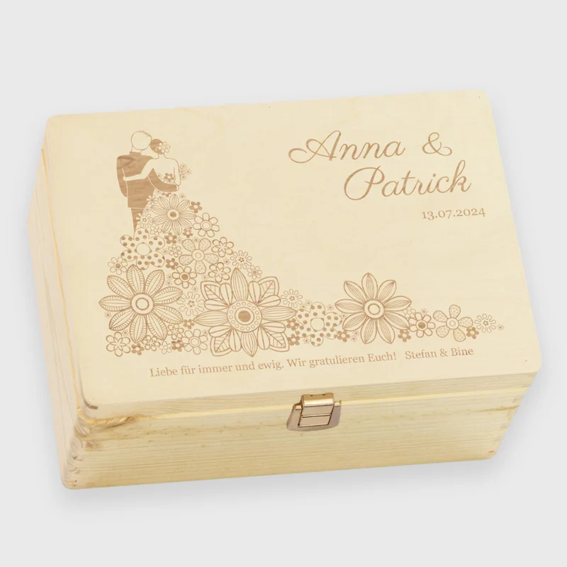 Erinnerungsbox zur Hochzeit - Blumenkleid - Hochzeitskiste personalisiert mit Gravur, Holzkiste Natur, FSC® | Erinnerungskiste Holzbox mit Verschluss