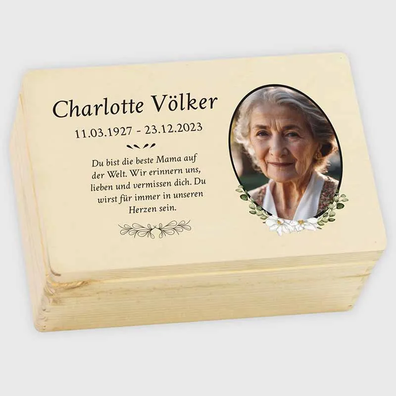 Erinnerungskiste an geliebte Menschen - Trauerkiste Personalisiert mit Foto & Name - Blumen, UV-Druck - Erinnerungsbox Verstorbene - Natur, FSC®