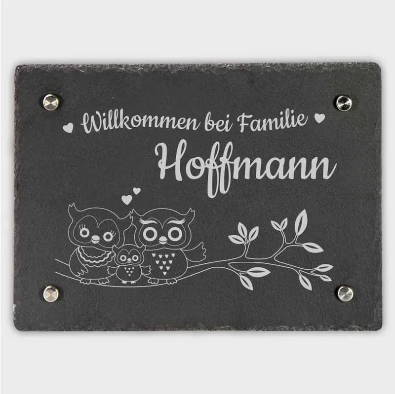 Türschild Personalisiert - Druck mit Name & Familie - Hausschild Eulen - 3 Größen | Namensschild Schiefer zur Wandmontage