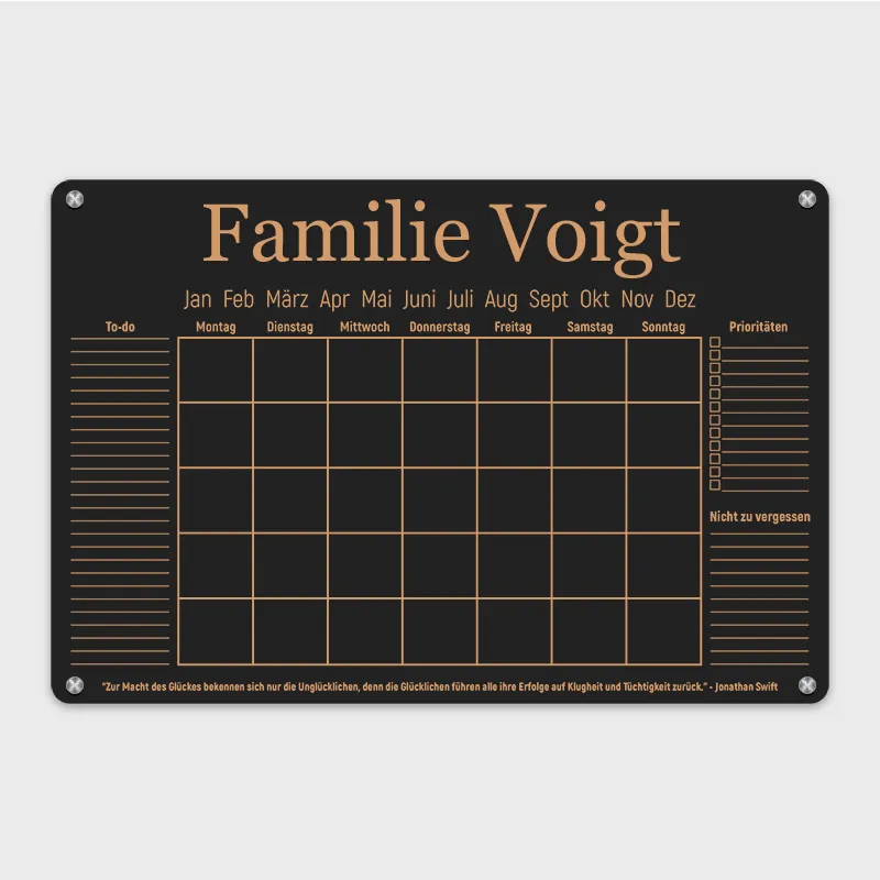 Personalisierter Acrylglas Wandkalender abwischbar | Familienplaner mit Name - A4, A3, A2 - Schwarz - Wochenplaner & Monatsplaner als Familienkalender