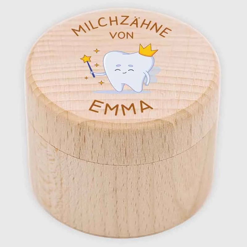 Personalisierte Milchzahndose aus Lindenholz mit Namen - Zahnbox für Kinder - Zahnfee Motiv | Natur, Runde - Baby Geschenk & Andenken zur Taufe
