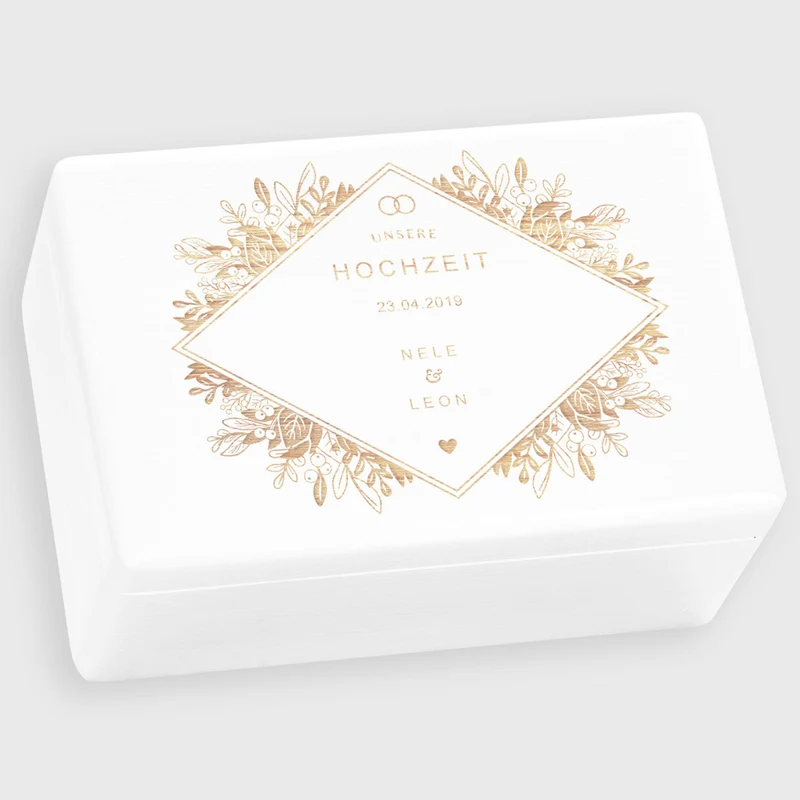 Erinnerungsbox zur Hochzeit - Florale Raute - Hochzeitskiste personalisiert mit Gravur - Holzkiste Weiß, FSC®️ | Erinnerungskiste Holzbox Erinnerung