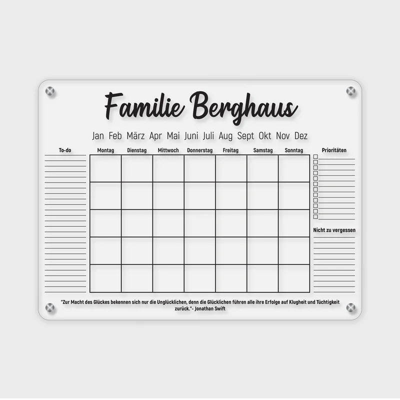 Personalisierter Acrylglas Wandkalender abwischbar | Familienplaner mit Name - Format A4, A3, A2 - Wochenplaner & Monatsplaner als Familienkalender