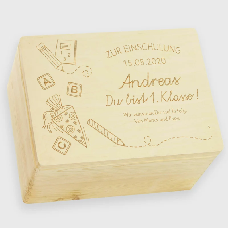 Erinnerungskiste - Schultüte mit Name & Datum - Erinnerungsbox Natur FSC® | Geschenk zur Einschulung, Schulanfang & Schulstart für Jungen & Mädchen