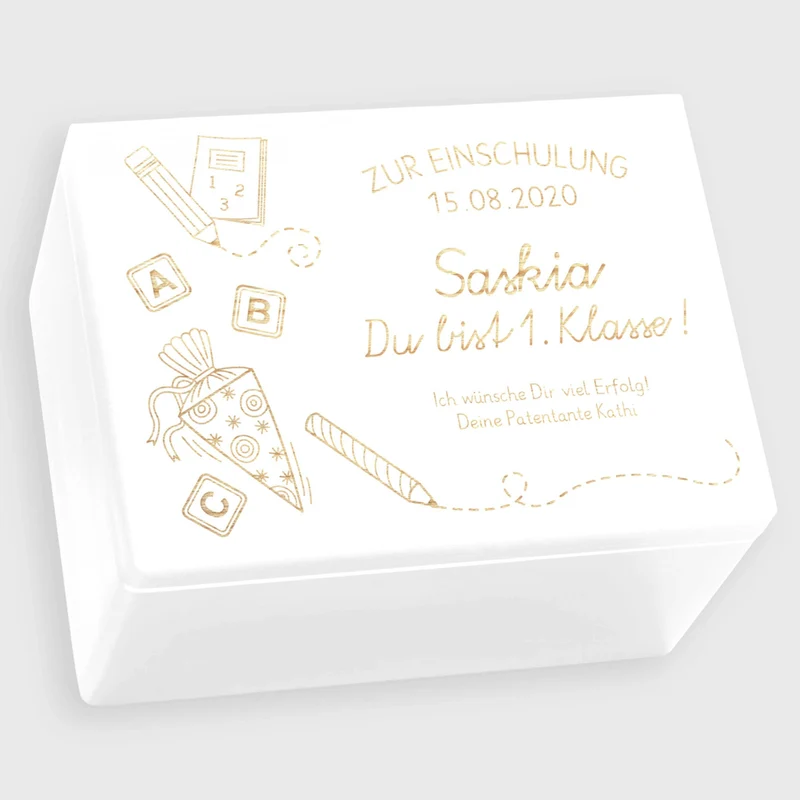 Erinnerungskiste - Schultüte mit Name & Datum - Erinnerungsbox Weiß FSC® | Geschenk zur Einschulung, Schulanfang & Schulstart für Jungen & Mädchen