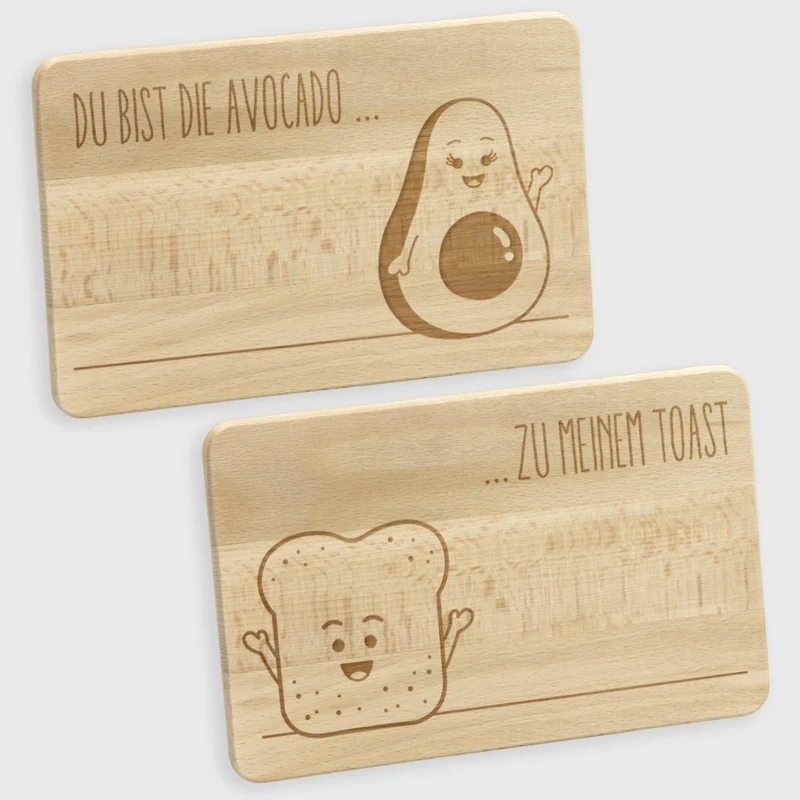 Frühstücksbrettchen aus Holz - 2er-Set - Avocado & Toast | Romantisches Geschenk für sie und ihn, Geschenk für Freundin, für Frauen & Männer