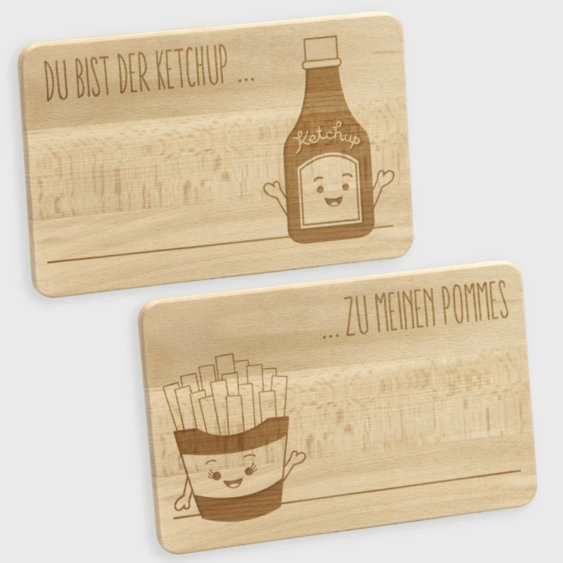 Frühstücksbrettchen aus Holz - 2er-Set - Pommes & Ketchup | Romantisches Geschenk für sie und ihn, Geschenk für Freundin, für Frauen & Männer