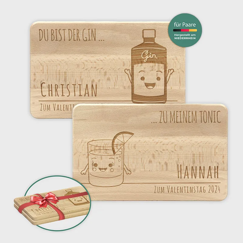 Frühstücksbrettchen mit Gravur Personalisiert - Gravur mit Namen - 2er-Set Gin & Tonic | Romantisches Geschenk für sie und ihn - FSC®