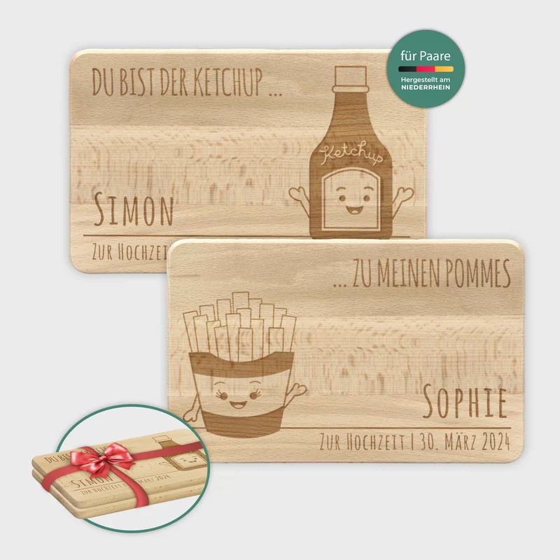 Frühstücksbrettchen mit Gravur Personalisiert - Gravur mit Namen - 2er-Set Pommes & Ketchup | Romantisches Geschenk für sie und ihn - FSC®