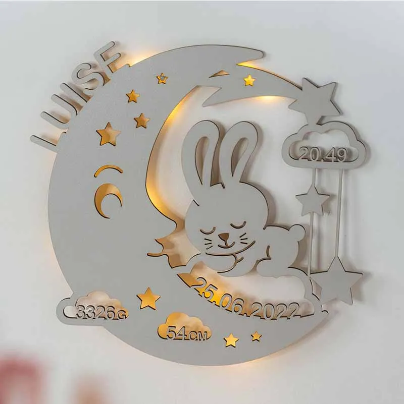 Schlummerlicht Baby mit Namen - Kinder Nachtlicht Personalisiert - Mondhase | Kleine LED-Lampe aus Holz