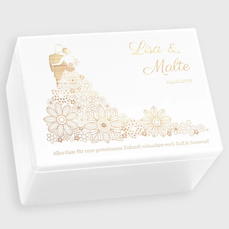 Erinnerungsbox zur Hochzeit - Blumenkleid - Hochzeitskiste personalisiert mit Gravur - Holzkiste Weiß, FSC®️ | Erinnerungskiste Holzbox Erinnerung