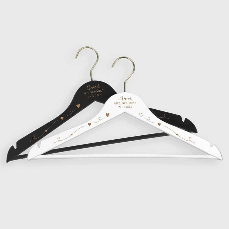2er-Set Personalisierter Kleiderbügel zur Hochzeit - Bügel Personalisiert für Brautpaar als Hochzeit-Deko | Willich in Gold - Weiß & Schwarz
