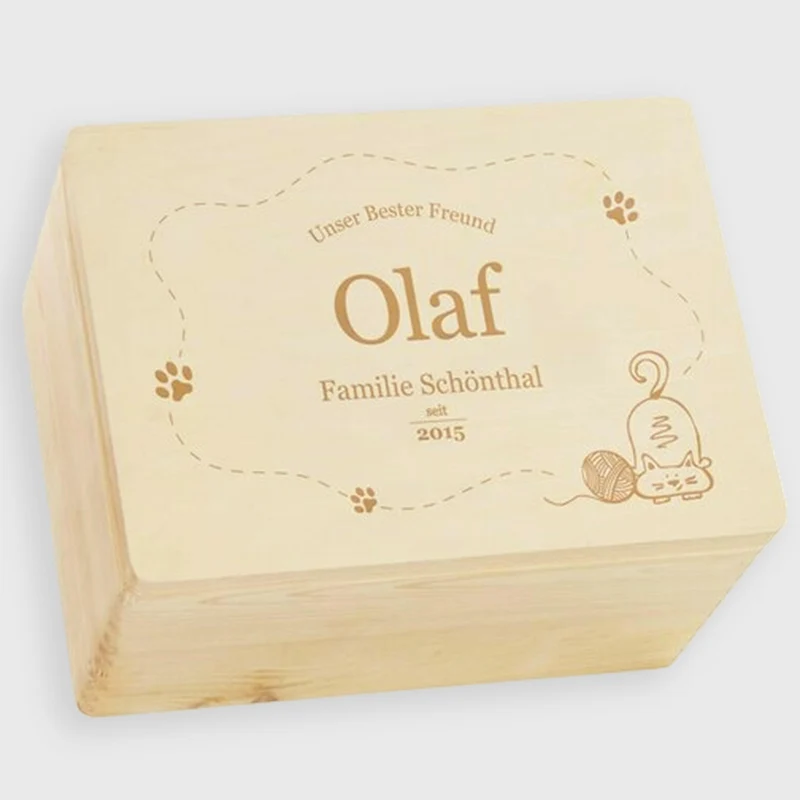 Aufbewahrungskiste für Katzenzubehör - Personalisiert - Verspielte Katze Motiv - Holz FSC®