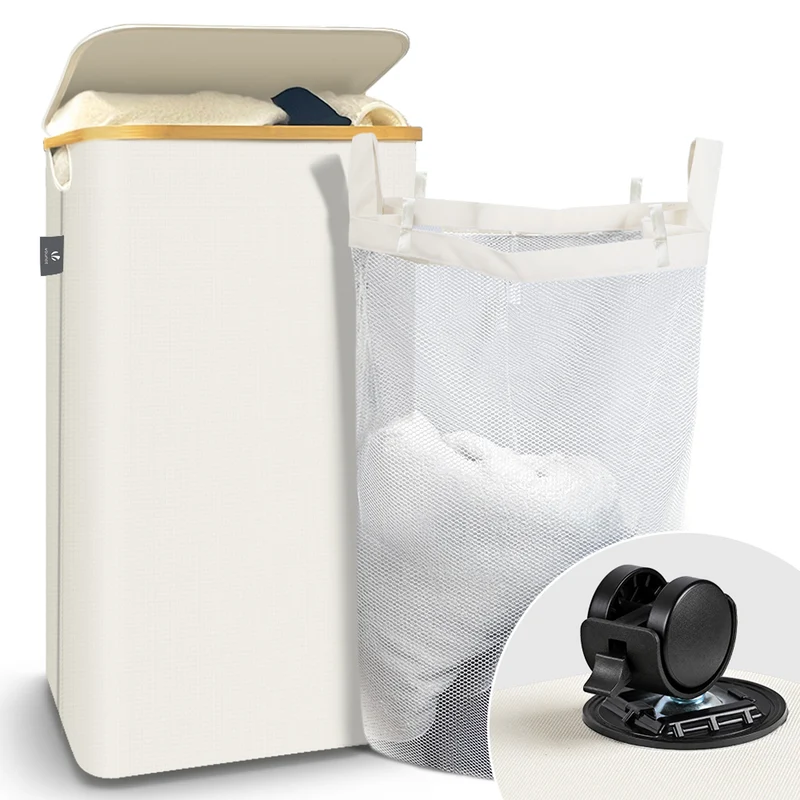 Wäschekorb mit Deckel & Wäschesäcke Faltbarer Wäschesammler, 100L Beige