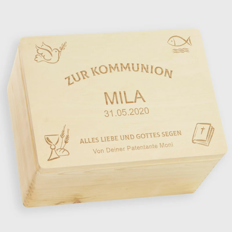 Erinnerungskiste zur Kommunion - Personalisiert - Kirchen Symbole - Natur - Holz FSC®