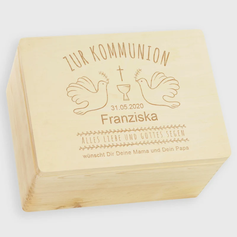 Erinnerungskiste zur Kommunion - Personalisiert - Tauben Motiv - Natur - Holz FSC®