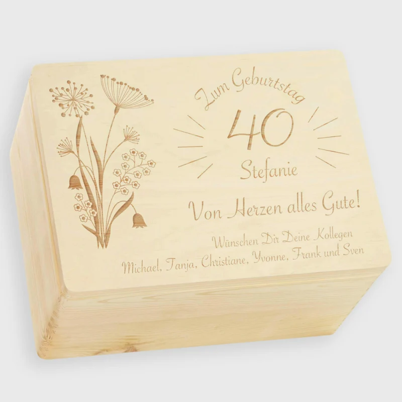 Holzkiste mit Gravur als Geburtstagsgeschenk - Personalisiert - Blumen Motiv - Natur - Holz FSC®