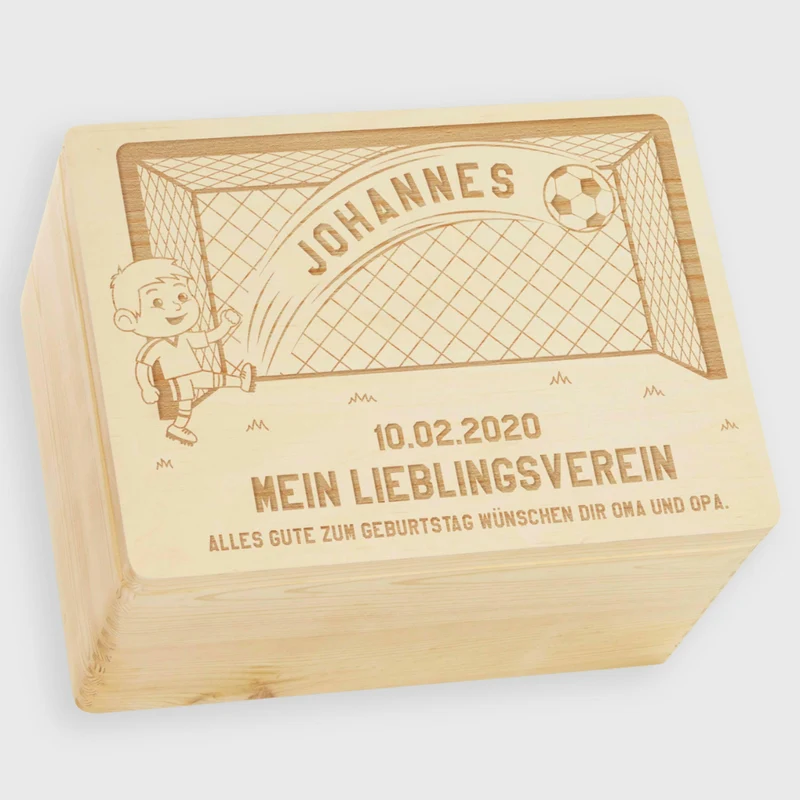 Holzkiste mit Gravur - Personalisiert - Geschenk für Fußballspieler - Fußball Motiv - Natur - Holz FSC®