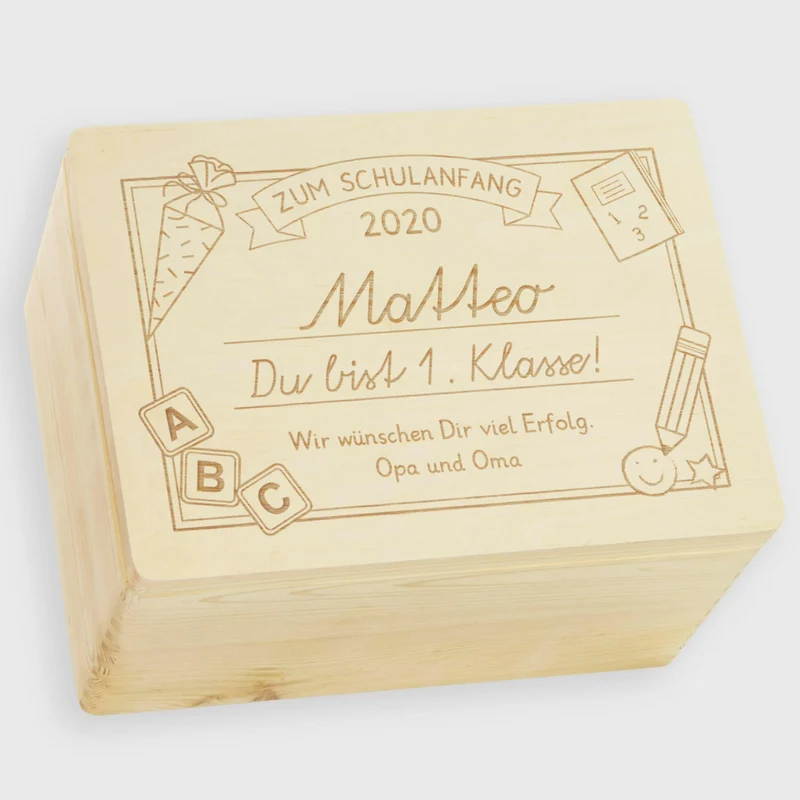 Erinnerungskiste - Erste Klasse Gravur - Erinnerungsbox Natur, FSC® | Geschenk zur Einschulung, Schulanfang & Schulstart - für Jungen & Mädchen
