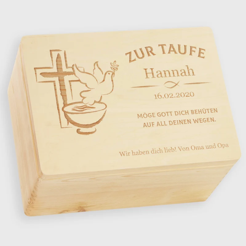 Personalisierte Erinnerungsbox zur Erwachsenentaufe - Friedenstaube Gravur - Taufgeschenk für Erwachsene - Holz FSC®