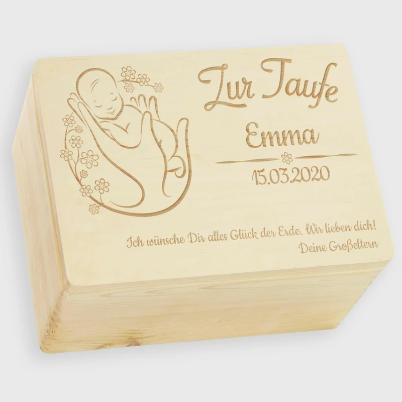 Personalisierte Erinnerungsbox als Taufgeschenk - Blumenbaby - Holzkiste, Natur, FSC® | Erinnerungskiste als Geschenk zur Taufe - Kiste aus Holz