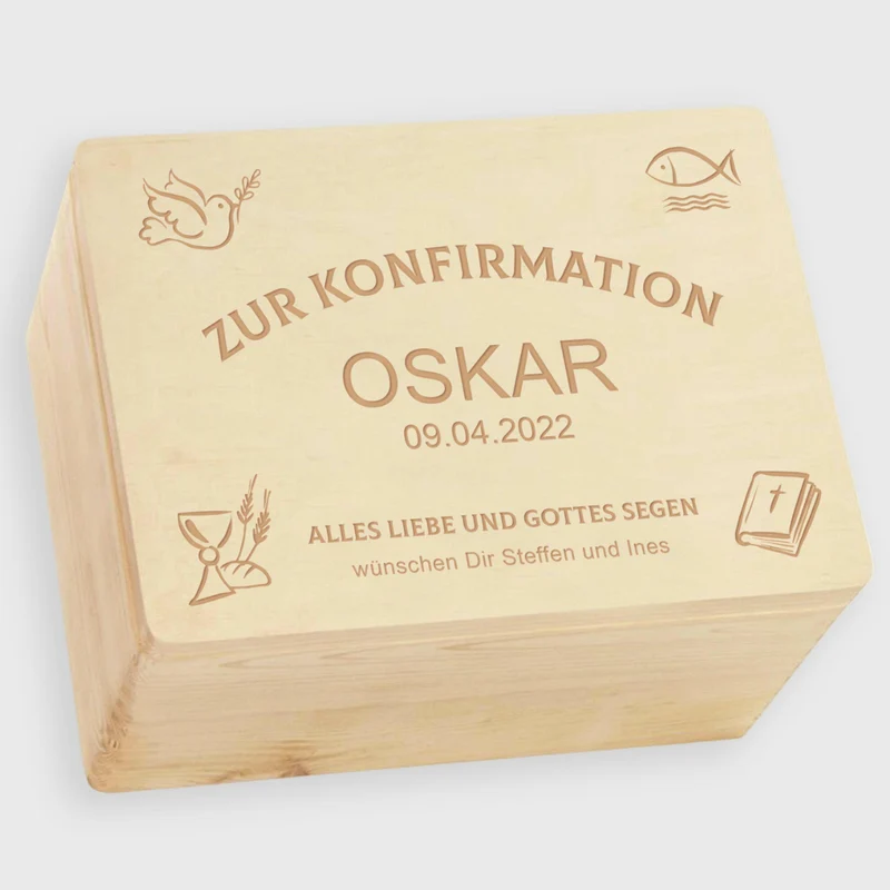 Personalisierte Erinnerungsbox zur Konfirmation - Kirchen Symbole - Holzkiste Geschenk zur Konfirmation, FSC®