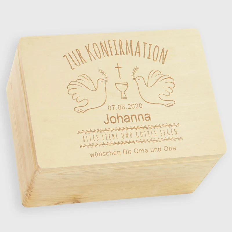 Personalisierte Erinnerungsbox zur Konfirmation - Tauben Motiv - Holzkiste Geschenk zur Konfirmation, natur, FSC®