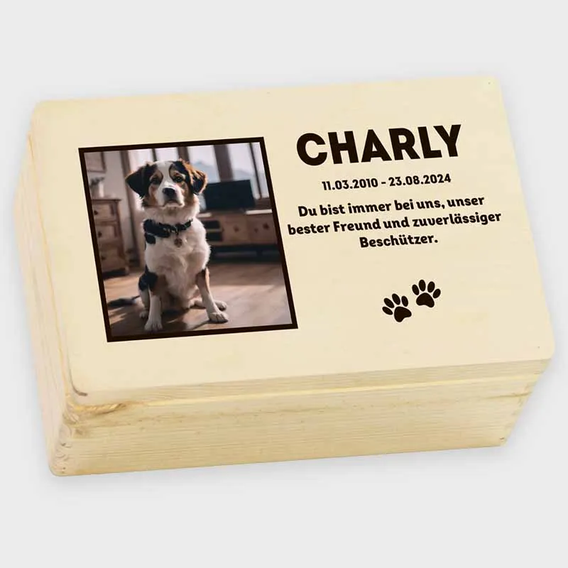 Erinnerungskiste an Haustiere - Trauerkiste Personalisiert mit Foto & Name - Erinnerung, UV-Druck - Erinnerungsbox für Hunde, Katze - Natur, FSC®