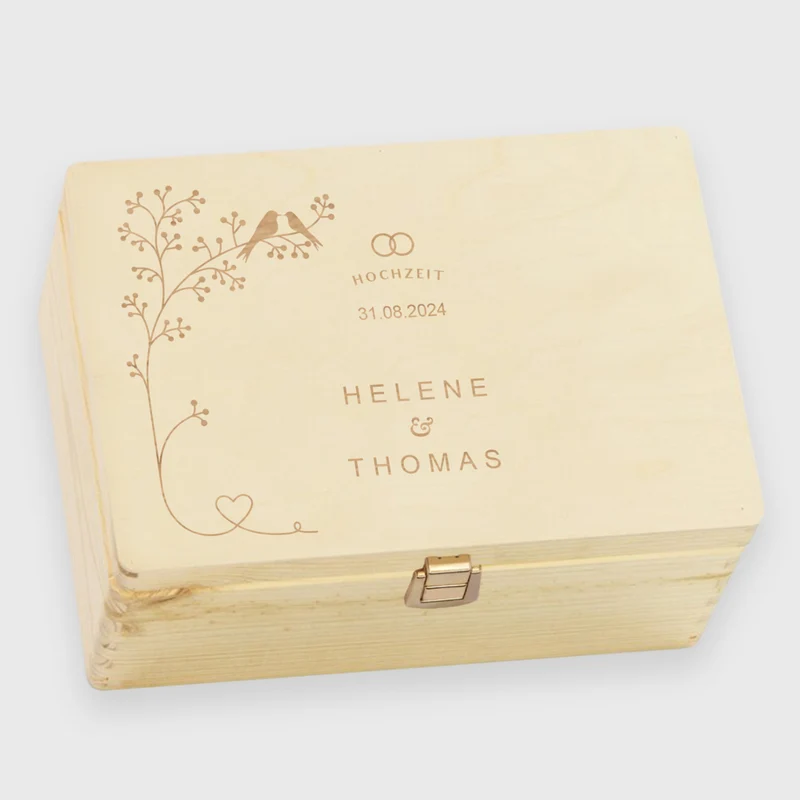 Erinnerungsbox zur Hochzeit - Vogelpärchen - Hochzeitskiste personalisiert mit Gravur - Natur, FSC® | Erinnerungskiste Holzbox mit Verschluss