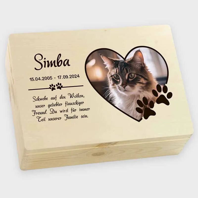 Erinnerungskiste an geliebte Haustiere - Trauerkiste Personalisiert mit Foto & Name - Pfoten, UV-Druck - Erinnerungsbox für Hunde, Katze - Natur, FSC®