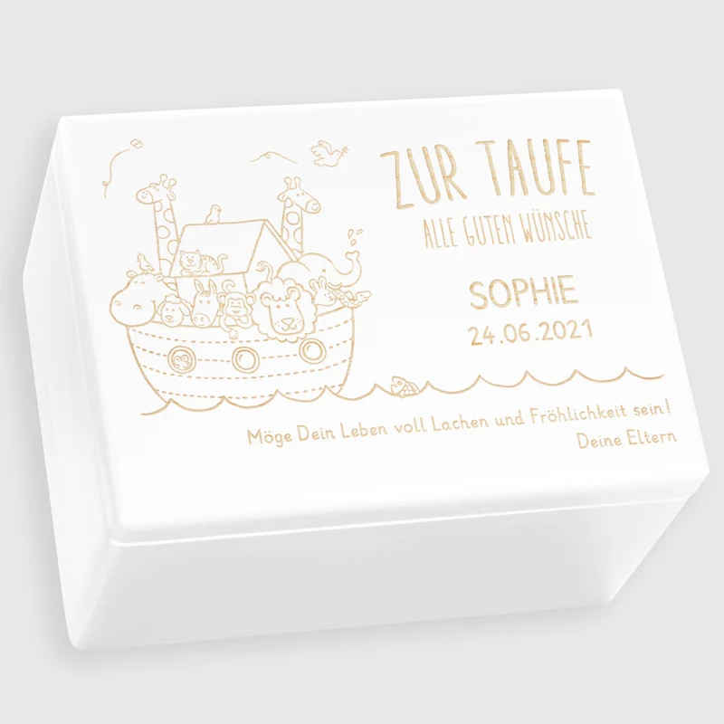 Personalisierte Erinnerungsbox als Taufgeschenk - Arche Noah Gravur - Weiß, FSC® | Erinnerungskiste als Geschenk zur Taufe für Junge & Mädchen