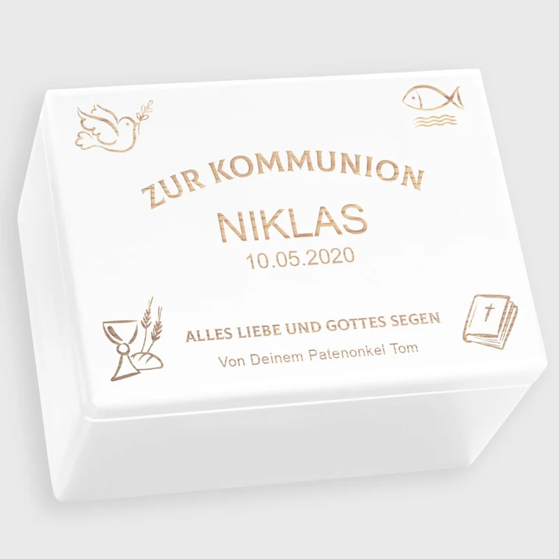 Erinnerungskiste zur Kommunion - Personalisiert - Kirchen Symbole - Weiß, FSC®