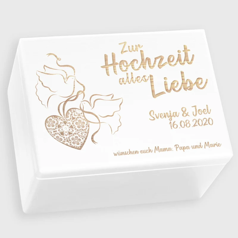 Erinnerungsbox zur Hochzeit - Turteltauben - Hochzeitskiste personalisiert mit Gravur - Holzkiste Weiß, FSC®️ | Erinnerungskiste Holzbox Erinnerung