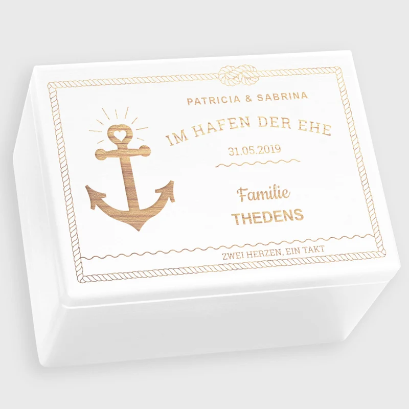 Erinnerungsbox zur Hochzeit - Hafen der Ehe - Hochzeitskiste personalisiert mit Gravur - Holzkiste Weiß, FSC®️ | Erinnerungskiste Holzbox Erinnerung